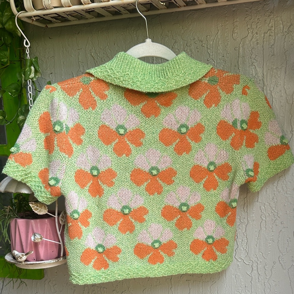 Zara Green Floral Knit Crop Cardigan & Skirt Set with Orange Flowers - Picture 5 of 8